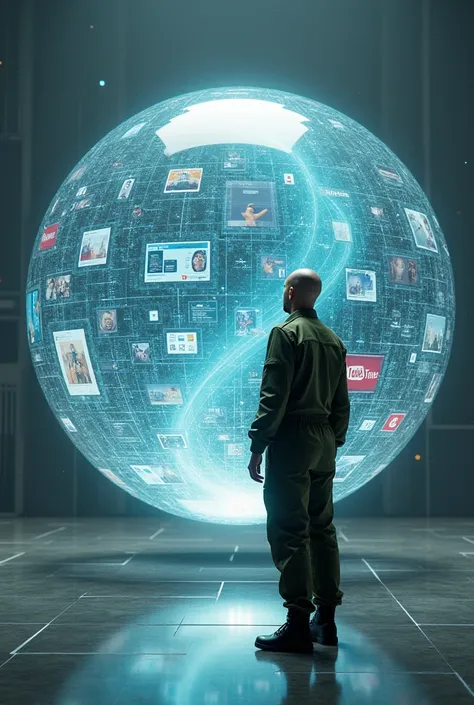 floating transparent sphere full of technological screens each with different images and social networks , and a bald man dressed in modern military green overalls on the side and outside of that sphere looking at her