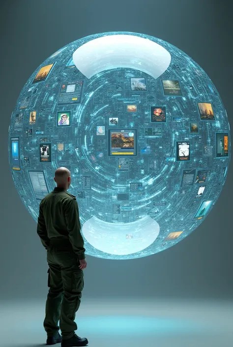 floating transparent sphere full of technological screens each with different images and social networks , and a bald man dressed in modern military green overalls on the side and outside of that sphere looking at her