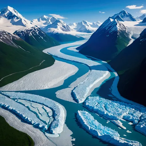 Show a vast, icy wilderness in Alaska, with towering glaciers, snowy mountains, and frozen rivers. Depict signs of Russian influence with empty trade posts and frontier forts in the background