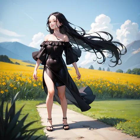 masterpiece, best quality, ultra-detailed,hyperrealistic,shiny skin,1girl,forehead,(plain forehead)+,black hair,long hair,black eyes,,(white dress,off shoulder summer dress)+,small breasts,dynamic angle,blowing in the wind,walking in the meadow,smile,fullb...