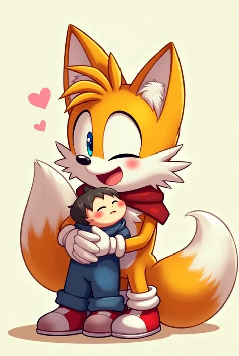  Tails happily hugging a boy with his shoes and gloves on blushing and smiling