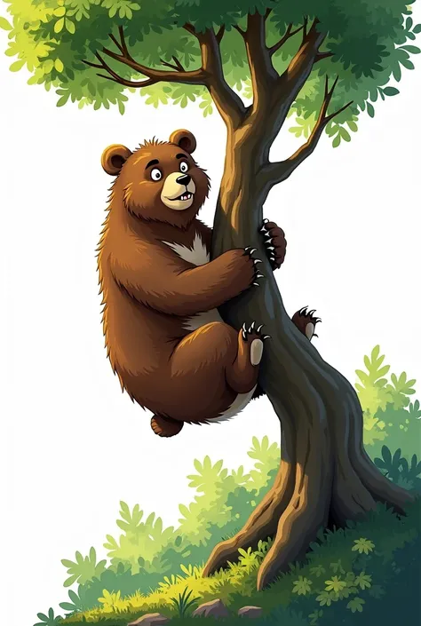 A bear gripping a slender tree with its paws, its body tilted to the side as if its about to fall. The bears expression shows a mix of determination and surprise, its claws digging into the bark. The tree is bending under the bears weight, and the scene is...