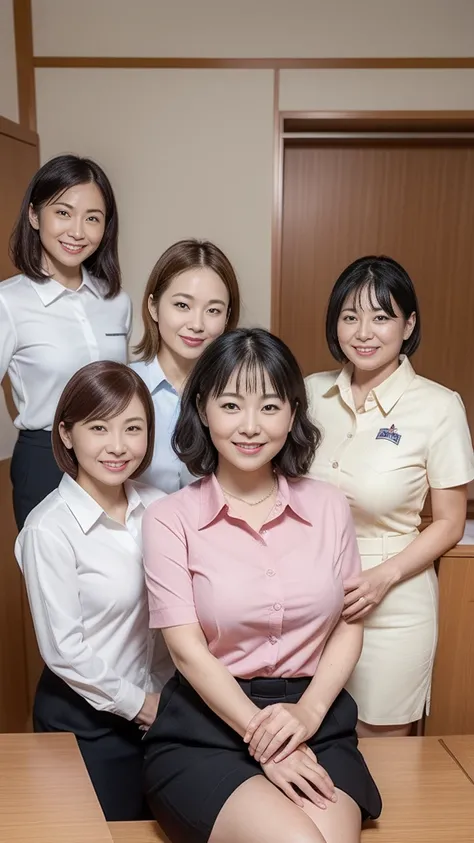 ((highest quality, 8k, Representative works in detail, ultra high resolution)), (group photo), (looking at the viewer), (middle shot:), Five attractive businesswomen,5 women, a little chubby:0.25, white short sleeve collared shirt,Pink collared shirt、 Tigh...