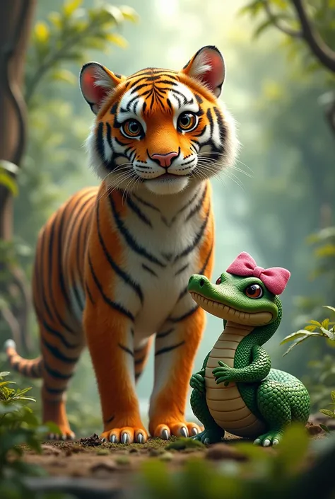 one tiger, next to a snake with a pink bow on its head, and a cute alligator