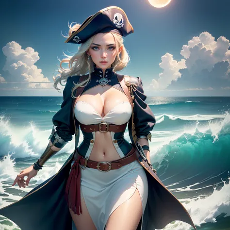 A pirate woman(Beautiful face)stood on a splint, and the sea was a raggedy pirate ship, full of fire, and the moon, and the waves, and the rain, (extremely detailed CG unified 8k wallpaper), highly detailed, masterpiece,  (HDR)(wallpaper) (Film lighting)(S...