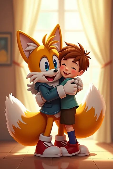  Tails happily hugging a boy with his shoes and gloves on smiling 