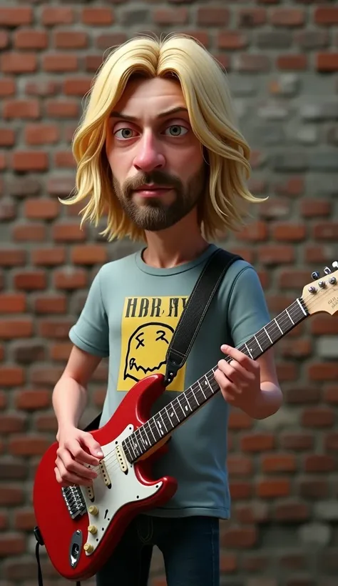 3d kids caricature, a man who looks like kurt cobain, wearing a t-shirt that says "Nirvana", playing the guitar, brick wall background