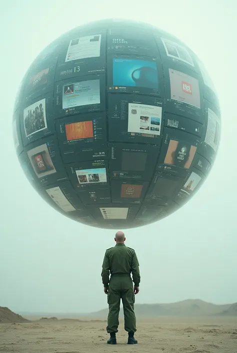 floating transparent sphere full of technological screens each with different images and social networks , and a bald man dressed in modern military green overalls on the side and outside this sphere looking at her in an open scenario 