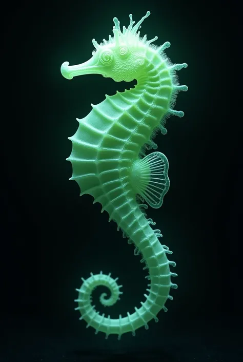 Black background。Draw a seahorse with light green fluorescent paint、