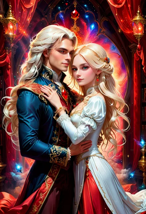 colorful Digital love errotoc art for bookcover, only couple in love, a handsome prince, 3, in full growth, long white straight hair, Victorian clothes, holding in his hand magical energy, a young blonde woman hugs him, brown hair, red transparent luxury S...