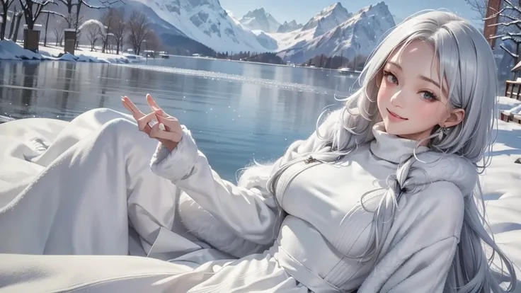 (close-up image) masterpiece、highest quality、1 person, winter, silver hair, cute, smile, close the mouse, large breasts, side bu...