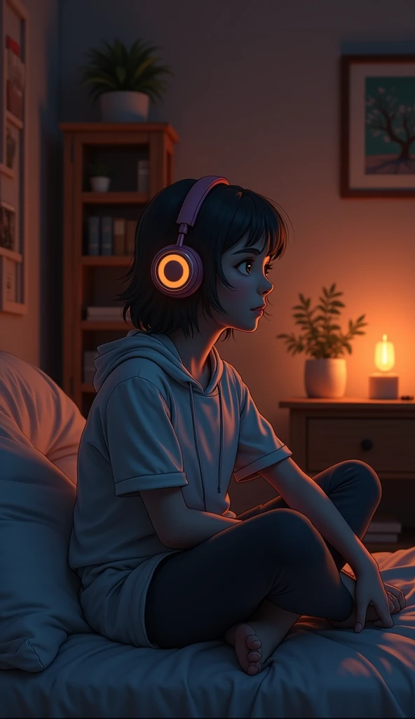 night、Listen to music in a cozy room, Using headphones, 2D-style animation, Lo-Fi, Very detailed, High resolution