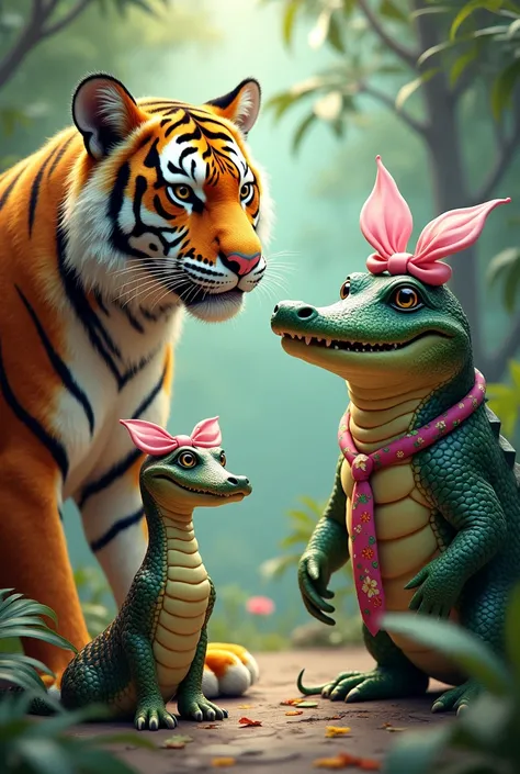 I draw a tiger, and a snake with a pink bow on its head, and an alligator with a cute tie