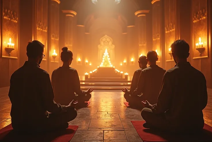 people sitting in a serene sanctuary, where the soft light of candles dances on the walls, creating an atmosphere of peace and contemplation. The mild aroma of incense fills the air, elevating our senses and preparing us for an inner journey.