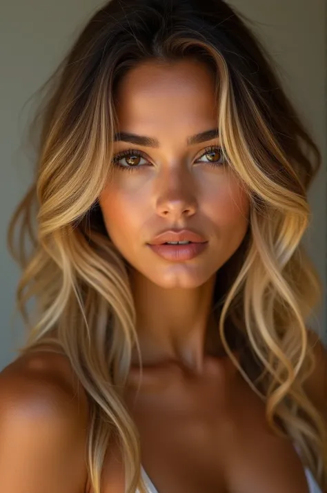 beautiful latina with wavy blonde hair, peau couleur caramel, yeux marrons