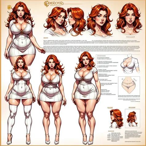 (masterpiece), (high quality), crazy details, Character Design Sheet , beautiful young chubby woman, overweight, irish redhead, long wavy ginger hair, wearing tight simple dress with deep cleavage, big breast, curvy body, character reference sheet, charact...