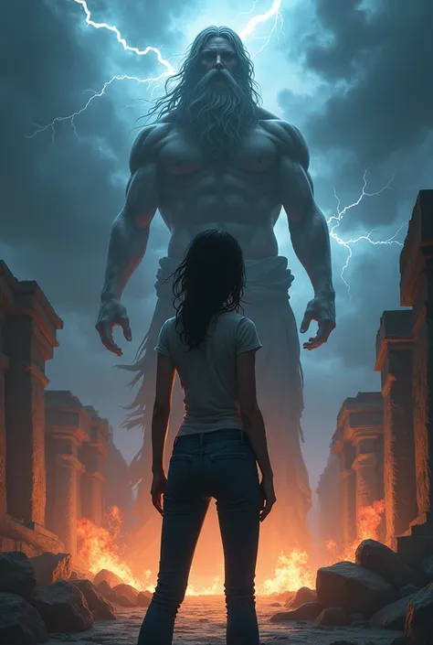 I want a mysterious picture. My book is on an ancient greek civilisation.  Dark theme. Zeus should be standing behind the girl. She has dark hair and a tomboy. I want a dark zeus standing behind her. Also only her back is visible.  She ll be surrounded by ...