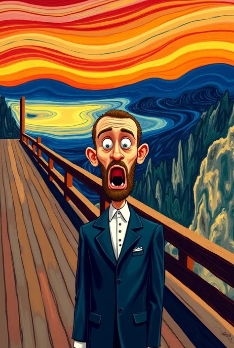 Reinterpretation of the painting “The Scream” in cartoon style, with the character in the front being a cartoon and the background portraying the problems of our current society,like political and religious fights, and global warming,