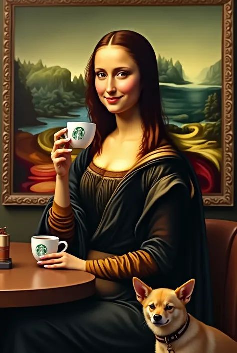 Make a portrait "Mona Liza" siting in coffe shop "Starbucks" with new style clothes, smiling and sipping coffe with his little dog 