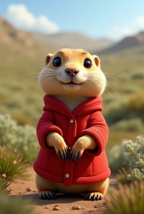 A small prairie dog standing facing forward with its front legs raised。
Big eyes with a cute, human-like expression。Slightly larger head than body。limbs are short。
Wearing red clothes。
Glossy texture。
The background is in nature。

