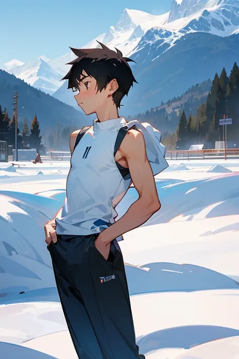 Snowy mountains in the background、An elementary school boy standing wearing a tight white Y-back tank top