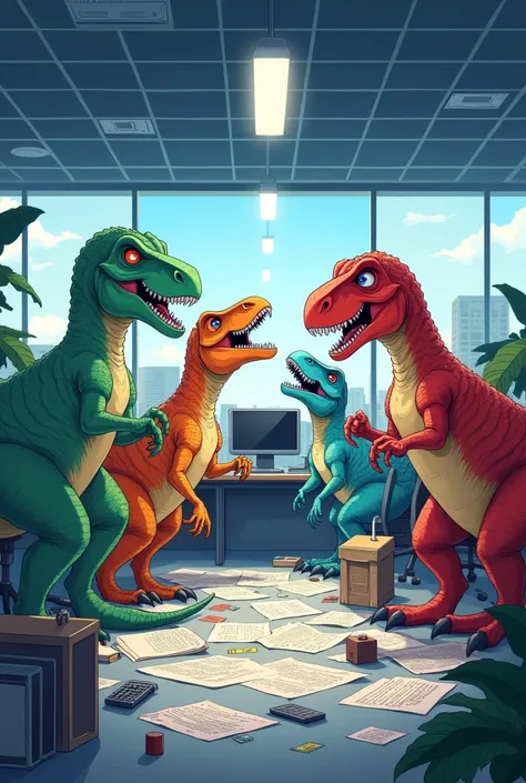 create 7 angry dinosaurs working in an anime style office, each one in a color, in a blue marketing office 