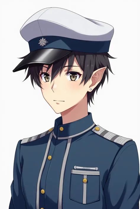 A male school student in a blue uniform with grey stripes,White cap and semi-realistic ear expansions for an avatar that is looking straight ahead 