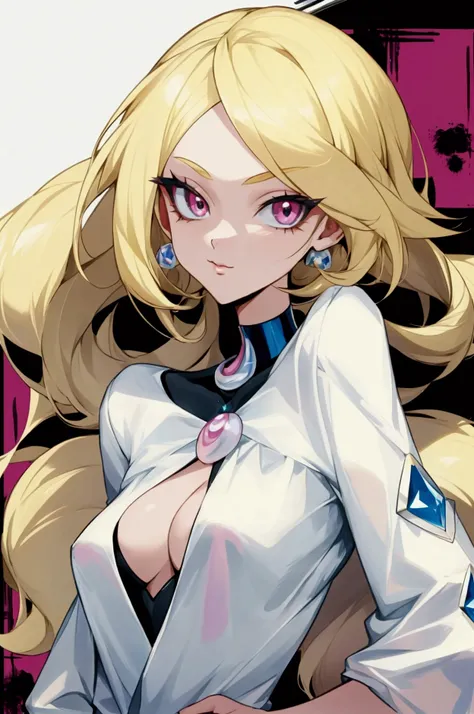 Create a character similar to Cynthia from Pokemon Diamond and Pearl, but aged 20 years old., blonde, with casual clothes