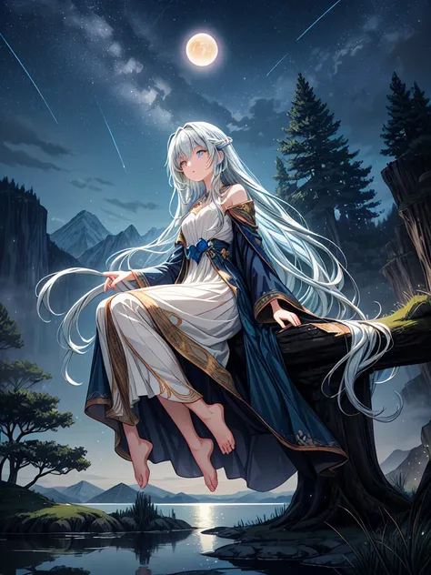 Create a anime style landscape image. Fantasy-style digital artwork featuring a serene night scene by a lake. The layout is vertical, with a woman sitting on the edge of the water under a large tree. She has long, flowing hair and fair skin, wearing a deta...