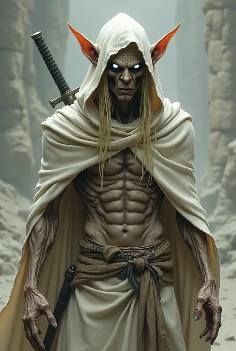 Mummified male elf wearing a white hooded robe from which his ears spill out, He wields a katana and in place of his eyes there are two small, discreet, almost imperceptible, luminous white orbs. Your skin is wrinkled and your belly muscles that also appea...