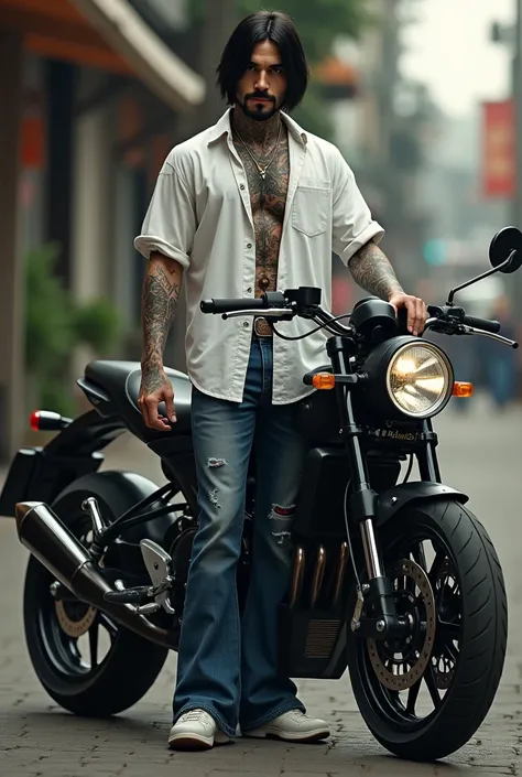 A thin man with a full Japanese tattoo, shoulder-length hair, a beard and mustache, wearing a white short-sleeved shirt, bell-bottom jeans, 180 cm tall, standing next to a black X Max motorcycle.