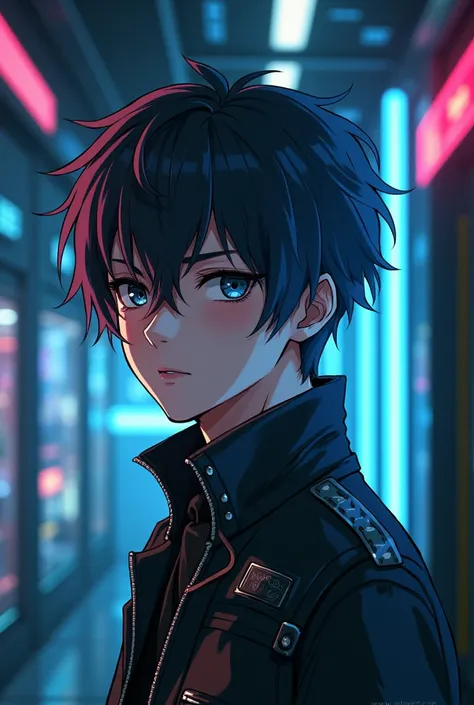 Anime boy, cyberpunk, in room, from head to waist , boy