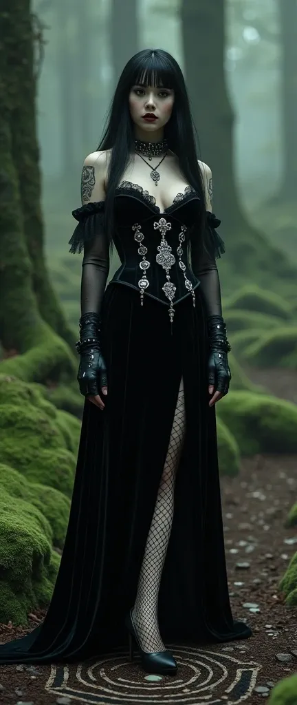 a stylish emo pale witch gothic woman in forest around hex circle magic,  black velvets, lace, fishnets and leather tinged with scarlet or purple, accessorized with tightly laced corsets, gloves, precarious stilettos and silver jewelry depicting religious ...