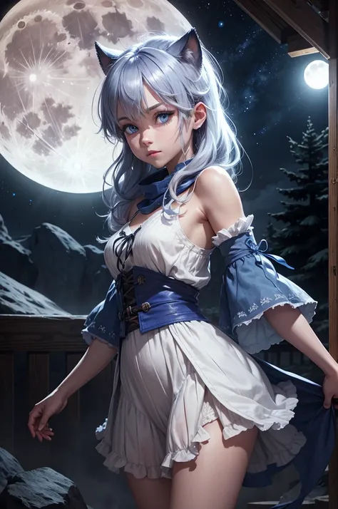 natta, fullmoon, blue rimlight lighting on the character&#39;s shoulder, elf woman with braided black hair in light armor, with traces of white clothing underneath, witch&#39;s hat, delicate face with strong expression and smile at the corner of the mouth,...