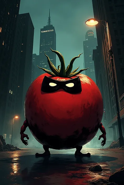 Create an image that is a comic book cover, and the protagonist is a masked tomato, and with the dark and nocturnal atmosphere.
