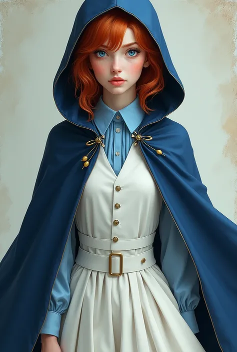  blue eyed redhead, wearing a white dress vest, with a light blue shirt, a white skirt and a navy blue hooded cape 