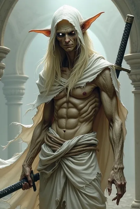 Mummified male elf wearing a white hooded robe from which his ears spill out, He wields a katana and in place of his eyes there are two small, discreet, almost imperceptible, luminous white orbs. Your skin is wrinkled and your belly muscles that also appea...