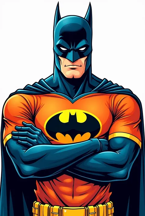 Comic style cartoon drawing of Batman wearing a soccer shirt with a front pose and arms crossed, half body only 

