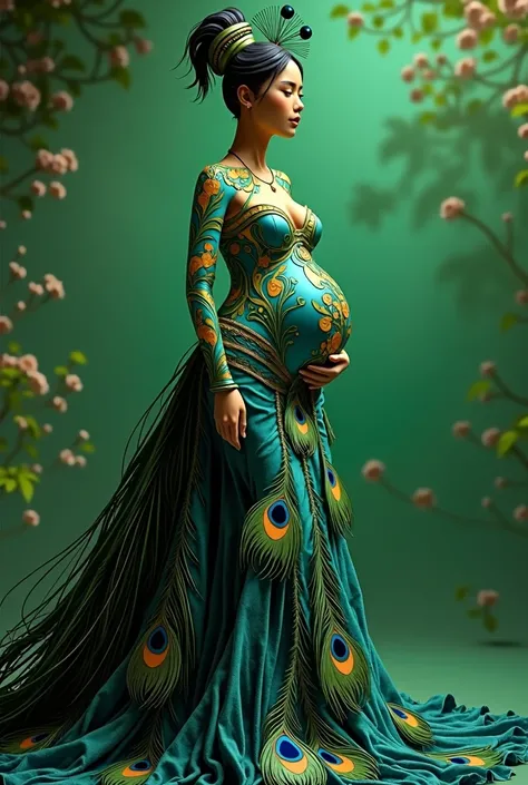 Make a realistic peacock with humanoid features of a pregnant woman,  full body shot dress should be look like make peacock feather . hig hress image . green background