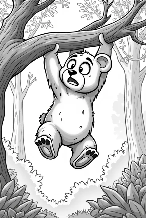 A coloring image of a worried kid bear hanging from a thick branch of a tall tree, gripping the branch with only its front paws. The bears body dangles below, its back legs swinging in the air, as if its about to lose its grip and fall. The bears expressio...