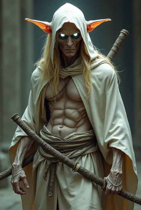 Mummified male elf wearing a white hooded robe from which his ears spill out, He wields a katana and in place of his eyes there are two small, discreet, almost imperceptible, luminous white orbs. Your skin is wrinkled and your belly muscles that also appea...