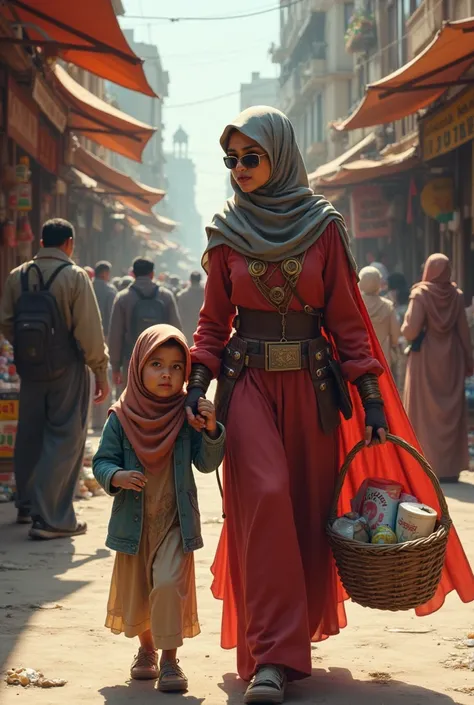 Hijab superhero shopping belongings with her daughter

