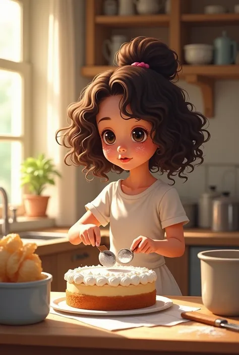 White skinned curly hair girl making a cake 