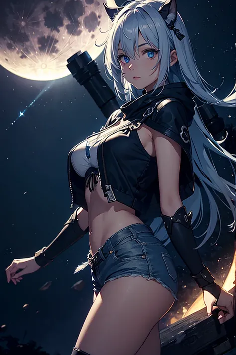 natta, fullmoon, blue rimlight lighting on the character&#39;s shoulder, elf woman with braided black hair in light armor, with traces of white clothing underneath, witch&#39;s hat, delicate face with strong expression and smile at the corner of the mouth,...