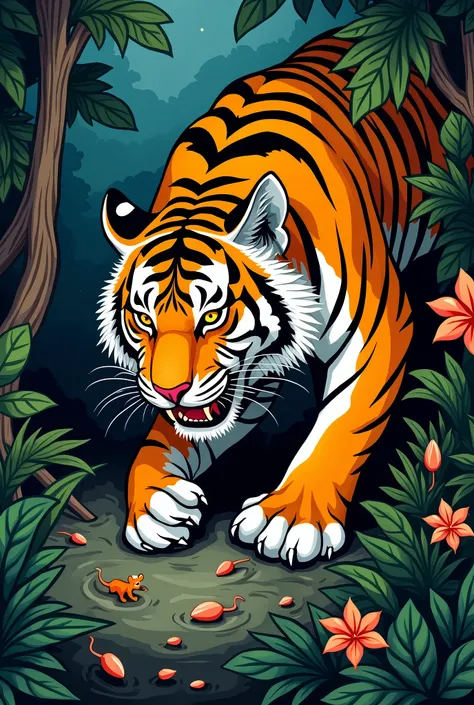 coloring image the tiger was eating the mouse in the jungle ,thick line no shadow
