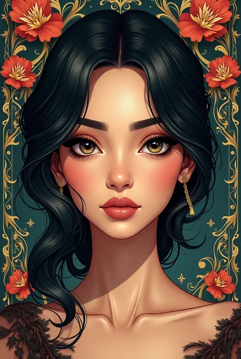 Illustration of a beautiful woman with thick and intense eyelashes and eyebrows with a decorated background