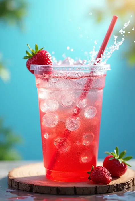 Water with wood and make it blue with sparkling of water with a splash of water with a four of clear soda with lid on a plastic cup make it color red for straberry flavor