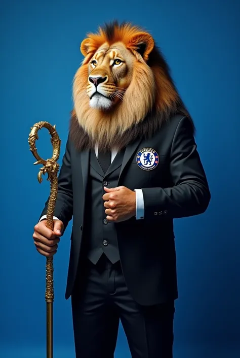 Create an image of a lion in a black suit with the Chelsea football club symbol on the chest in small size . The lion is holding a golden staff. blue background. 4k ultra realistic 