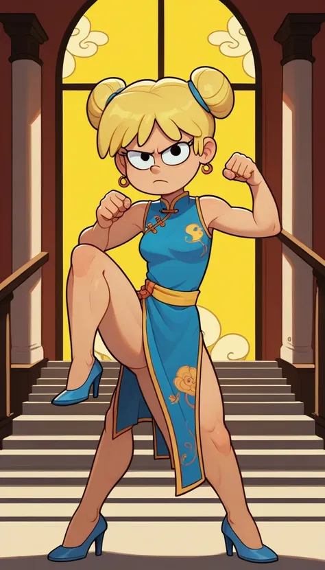 lori loud, 1girl, solo, 24yo girl, blue cheongsam,  inside of a chinese style temple, looking at viewer, blonde hair, short hair, two hair buns , hands  score_9, score_8_up, score_7_up, high heels,teep fighting stance,martial arts, guarding the stairs, sta...