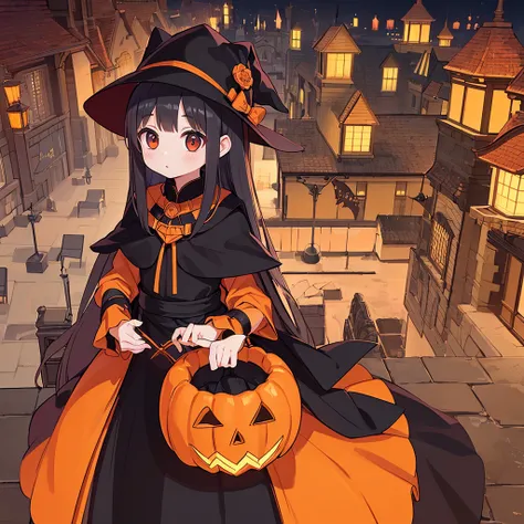 1girl,(((Highest quality、Masterpiece、Super detailed、X Composition、S composition、Square Composition、Triangular composition、Award-winning works)))、Orange and black palette、Trick or Treat、Pumpkin carriage、Big Wizard Hat、Black Cape、Black dress、